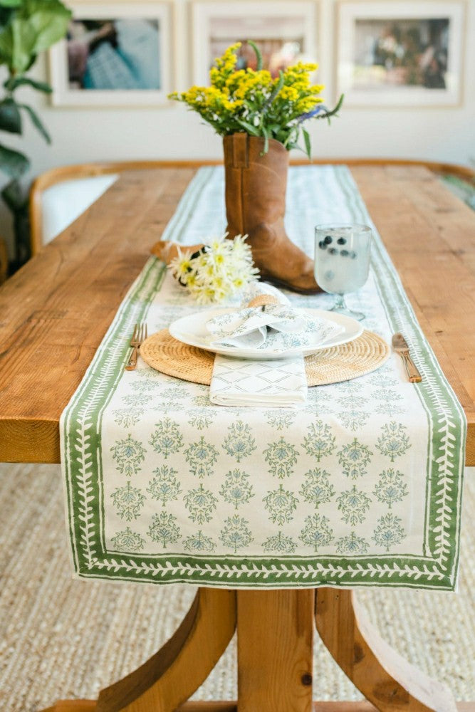 Plow & Hearth Table Runner - Lotus, Sage & Uniform Blue