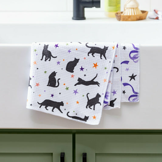 Plow & Hearth Haunted House Cats and Bows Quick Dry Kitchen Towel, Pet, 30"L x 18"W