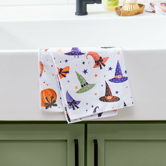 Plow & Hearth Haunted House Witch Hat Quick Dry Kitchen Towel, Pumpkin, 30"L x 18"W