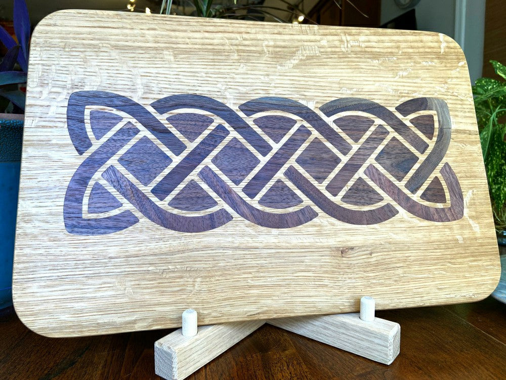 Plow & Hearth White Oak charcuterie board - complex Celtic knot inlay.
