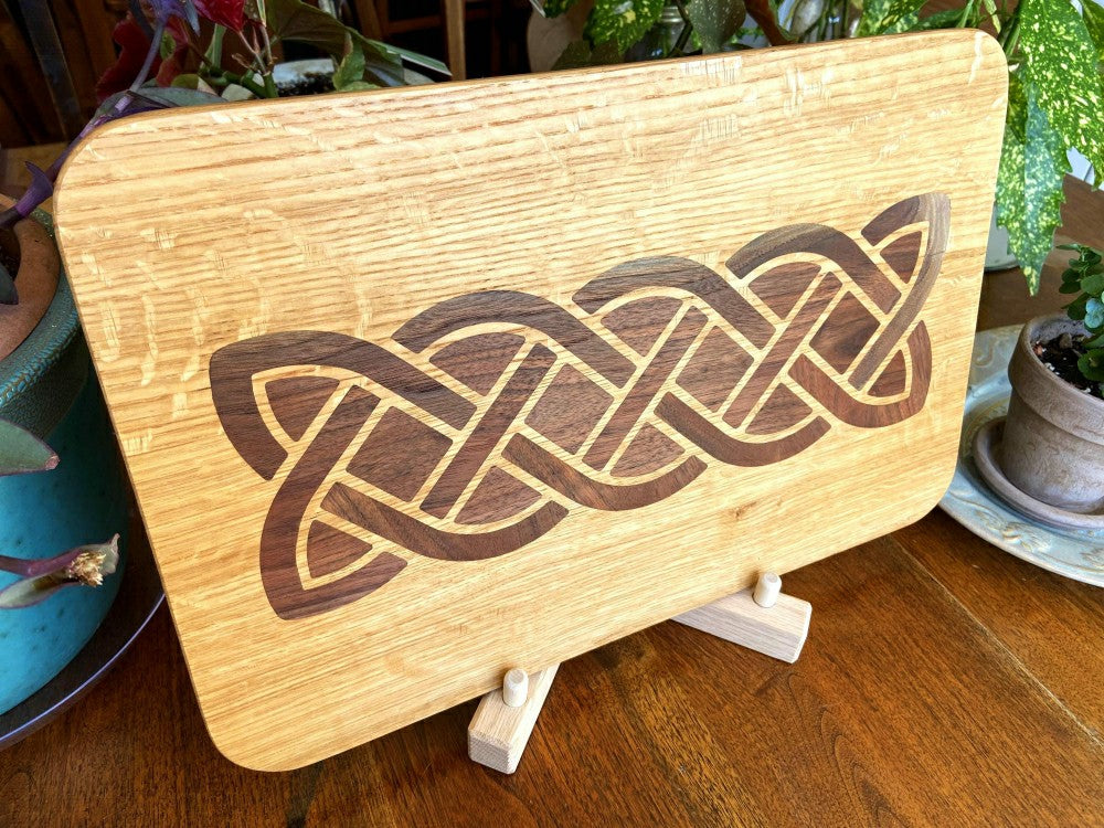 Plow & Hearth White Oak charcuterie board - complex Celtic knot inlay.