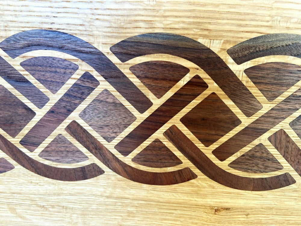 Plow & Hearth White Oak charcuterie board - complex Celtic knot inlay.