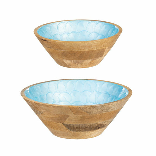 Plow & Hearth Blue Coastal Bowl Wood with Scalloped Enamel, Set of 2
