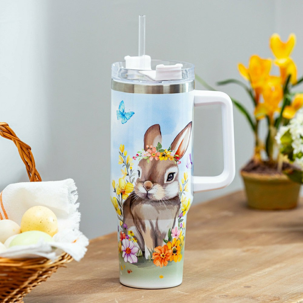 Plow & Hearth Bunny Blooms Tumbler Canyon Cup Double Wall Stainless Steel, Bunny in