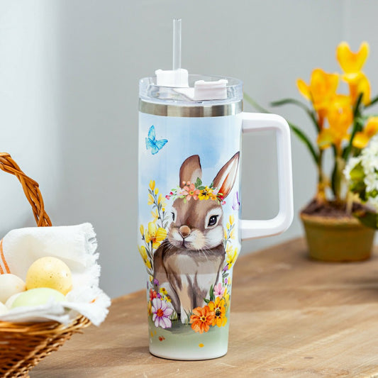 Plow & Hearth Bunny Blooms Tumbler Canyon Cup Double Wall Stainless Steel, Bunny in