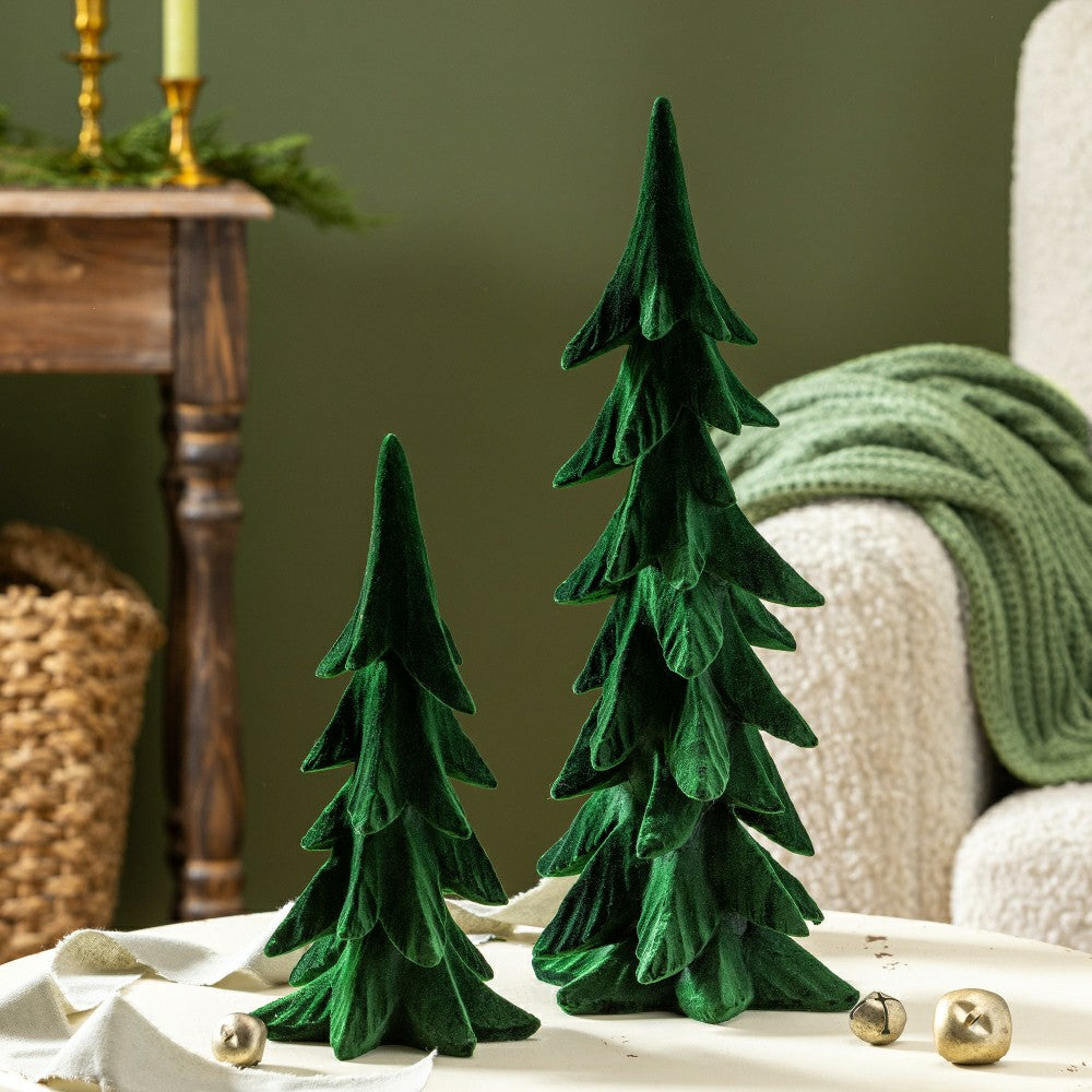 Plow & Hearth Shades of Emerald Table Décor Tree Flocked Resin Set
