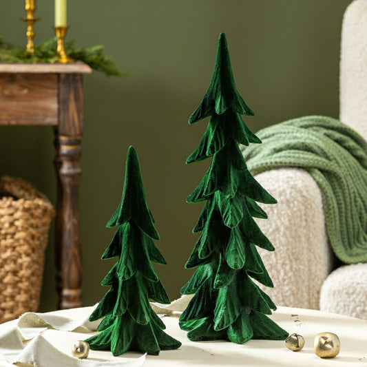 Plow & Hearth Shades of Emerald Table Décor Tree Flocked Resin Set