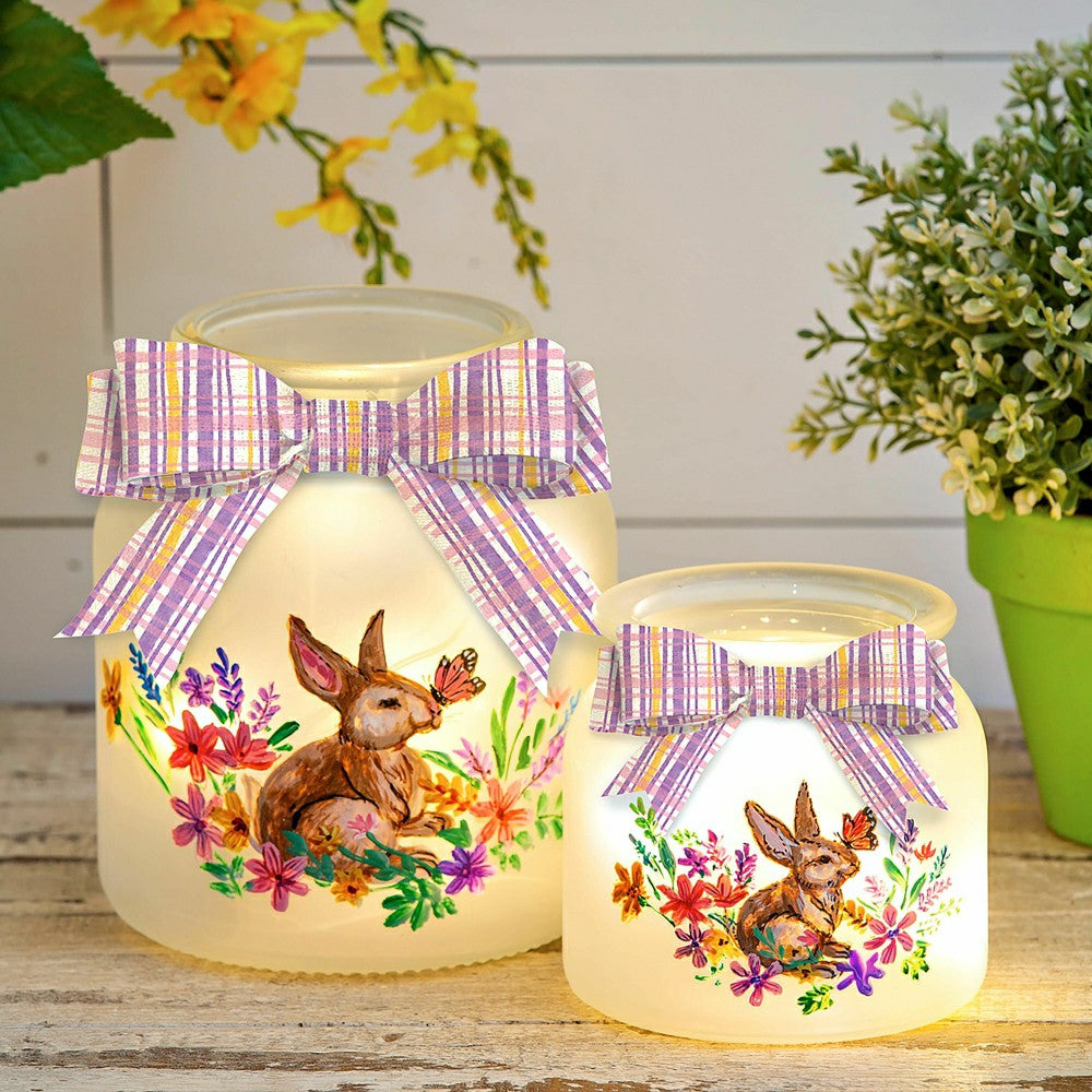 Plow & Hearth Lighted Glass Jar with Springtime Bunny Scene, Set of 2