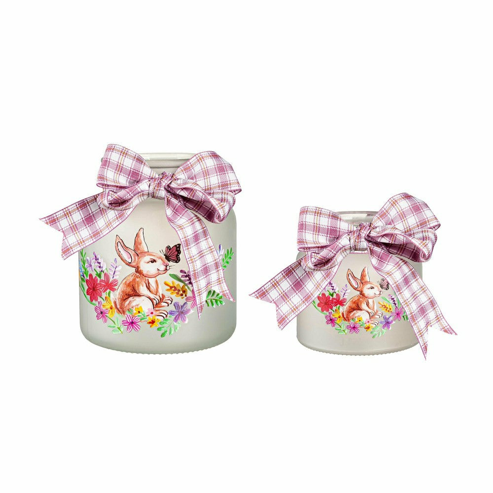 Plow & Hearth Lighted Glass Jar with Springtime Bunny Scene, Set of 2