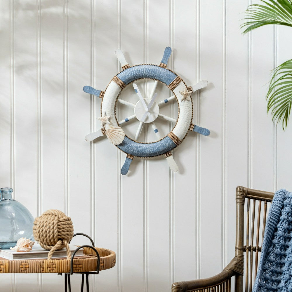 Plow & Hearth Blue Coastal Outdoor Wall Decor, Metal, Nautical Clock, 21" L x 21" H