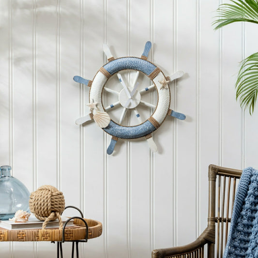 Plow & Hearth Blue Coastal Outdoor Wall Decor, Metal, Nautical Clock, 21" L x 21" H