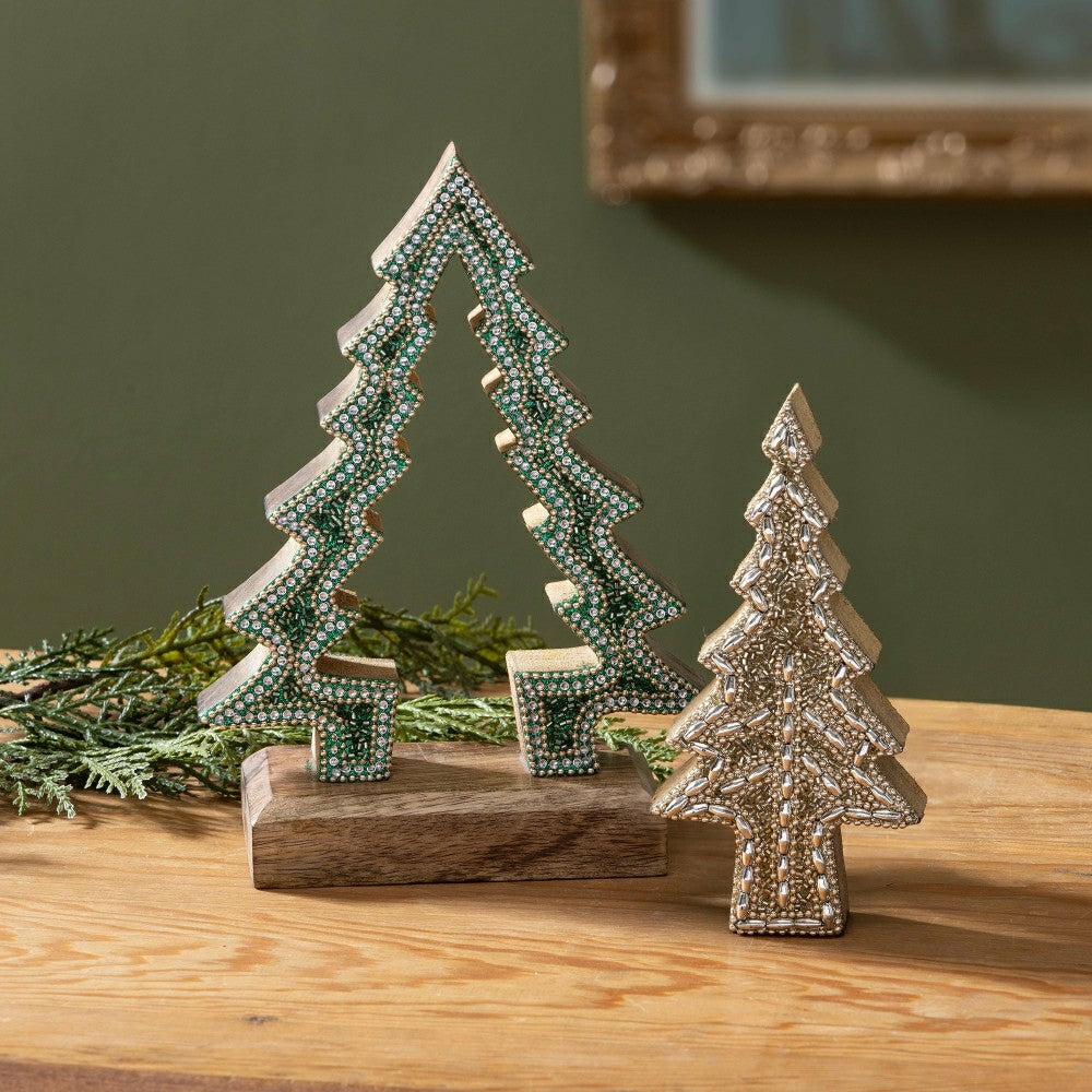 Plow & Hearth Shades of Emerald Table Décor Nested Tree with Beading Wood, 8"H