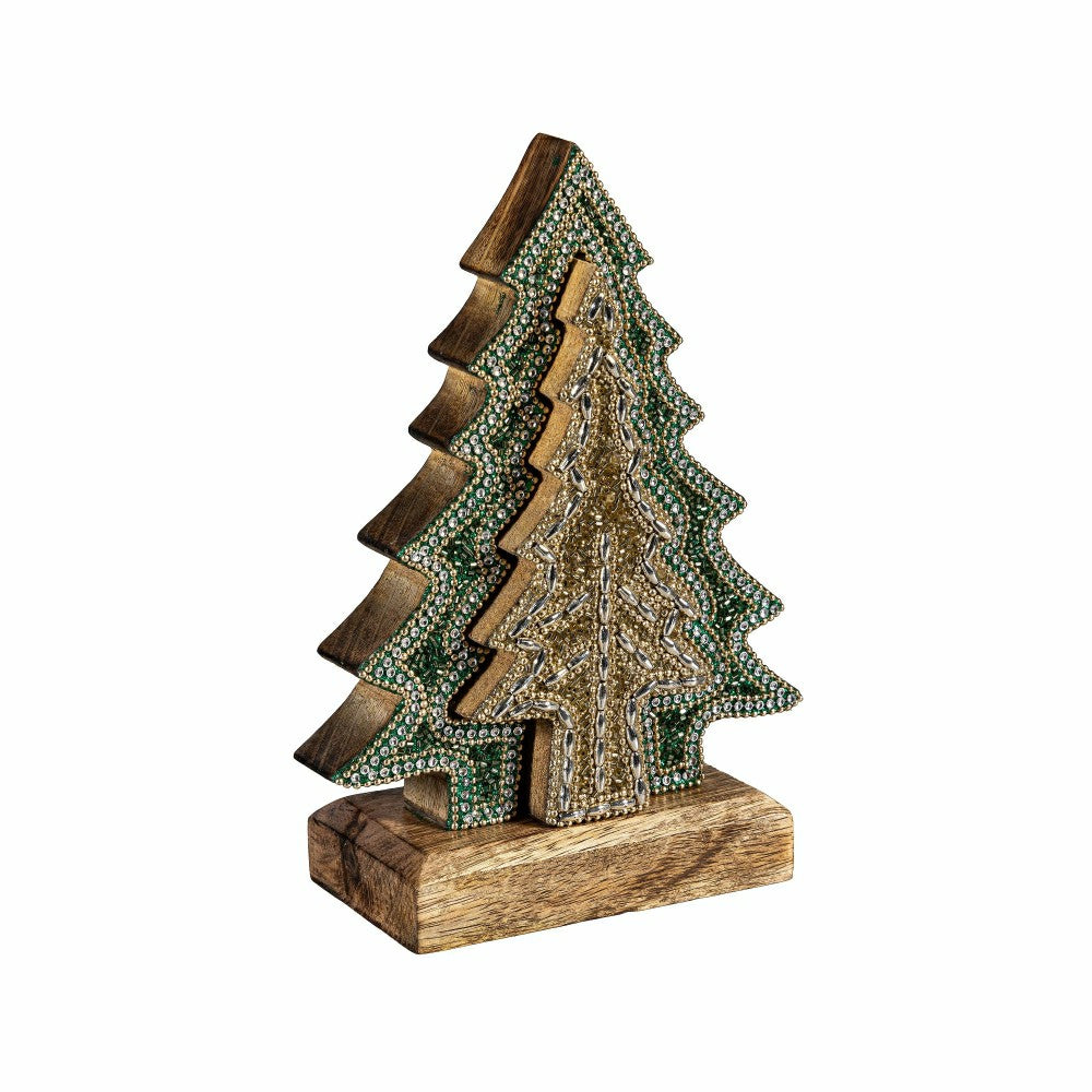 Plow & Hearth Shades of Emerald Table Décor Nested Tree with Beading Wood, 8"H