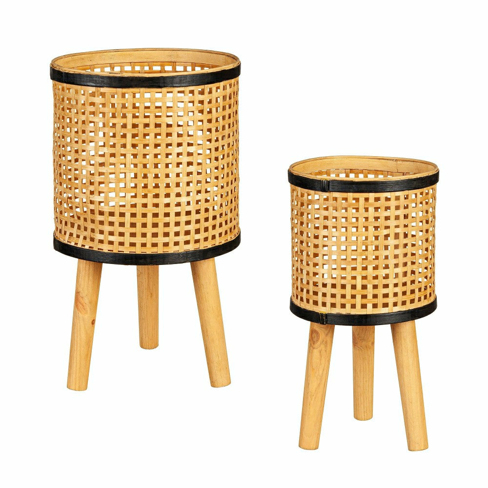 Plow & Hearth VivaStyle Planters, Wood, Woven Bamboo and Plywood Planter with Legs,