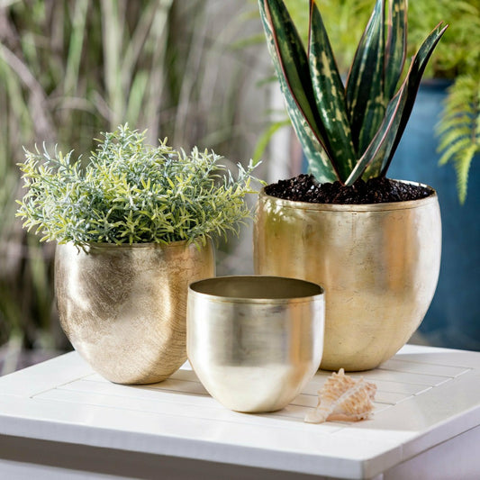 Plow & Hearth Glazed Metal Planter, Silver, Nested Set of 3