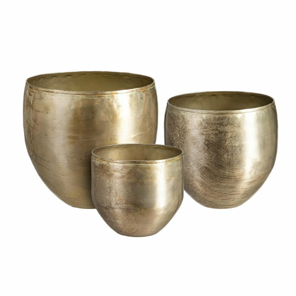 Plow & Hearth Glazed Metal Planter, Silver, Nested Set of 3