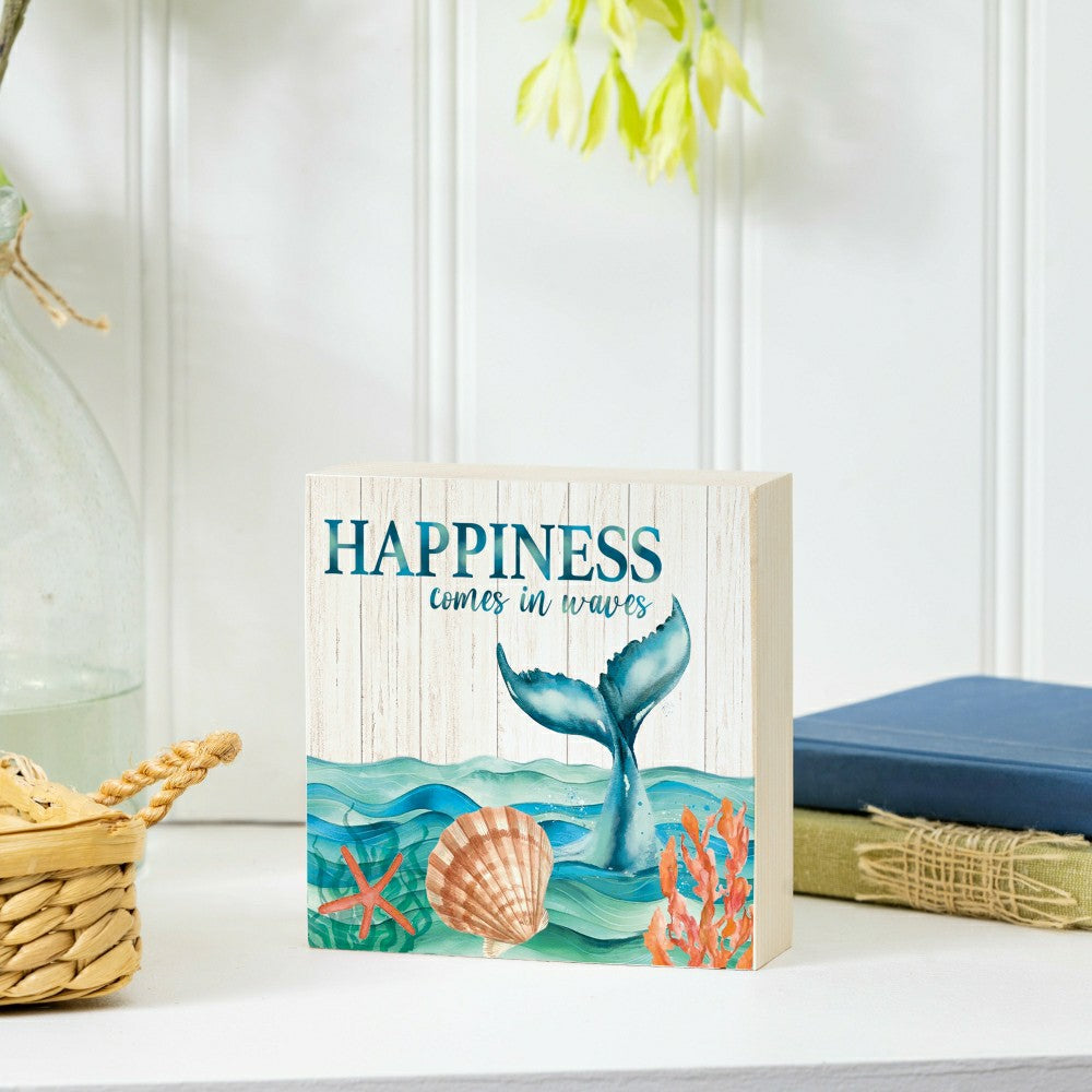 Plow & Hearth Blue Coastal Happiness Waves Sign Wood Block "Happiness", 6"x6"