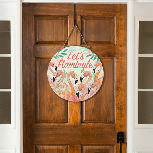 Plow & Hearth Palm Beach Flamingo Wood Door Décor, "Let's Flamingle", 18"