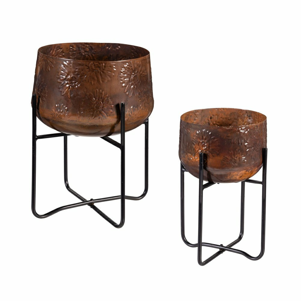 Plow & Hearth Petal & Plow Planter, Embossed Metal Sunflower with Stand, Set of 2