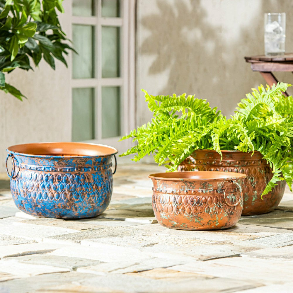 Plow & Hearth What She Shed Embossed Planter with Handles, Metal, Set of 3