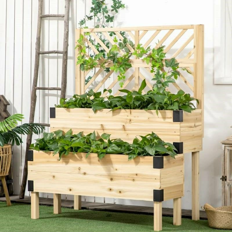 Plow & Hearth 2 Tier Natural Wood Raised Planter Box with Trellis