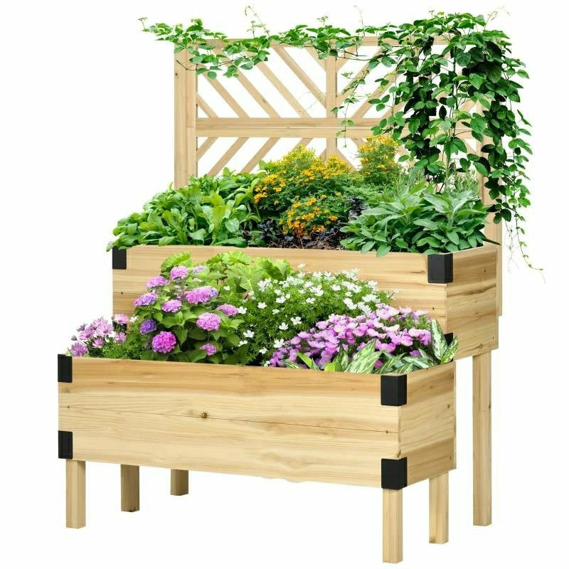Plow & Hearth 2 Tier Natural Wood Raised Planter Box with Trellis
