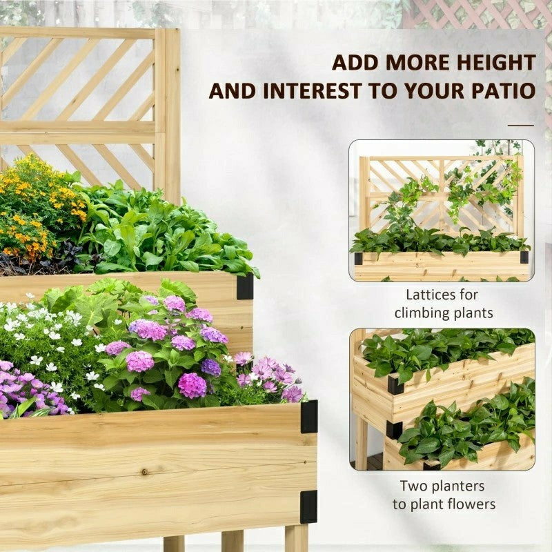 Plow & Hearth 2 Tier Natural Wood Raised Planter Box with Trellis