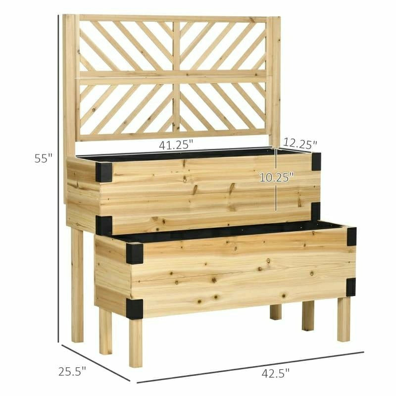 Plow & Hearth 2 Tier Natural Wood Raised Planter Box with Trellis