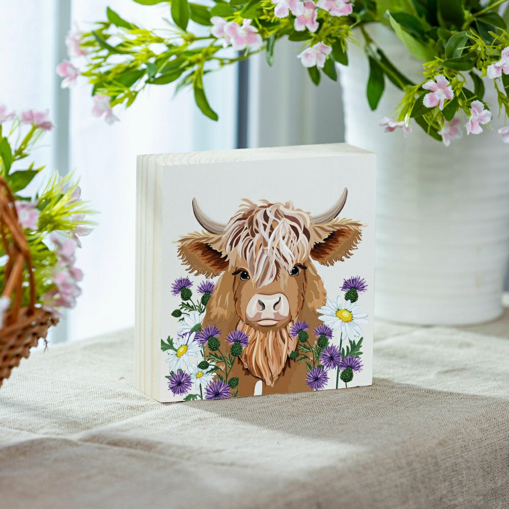 Plow & Hearth Petal & Plow Highland Cow Sign Wood Block, 6"x6"