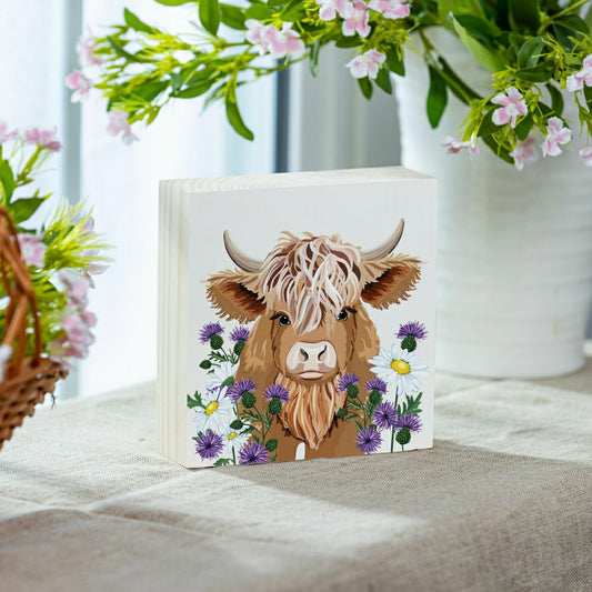 Plow & Hearth Petal & Plow Highland Cow Sign Wood Block, 6"x6"
