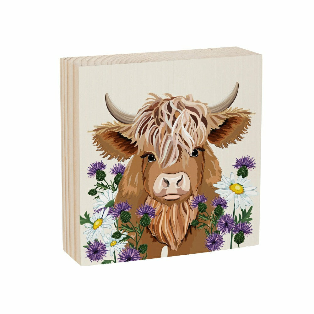 Plow & Hearth Petal & Plow Highland Cow Sign Wood Block, 6"x6"