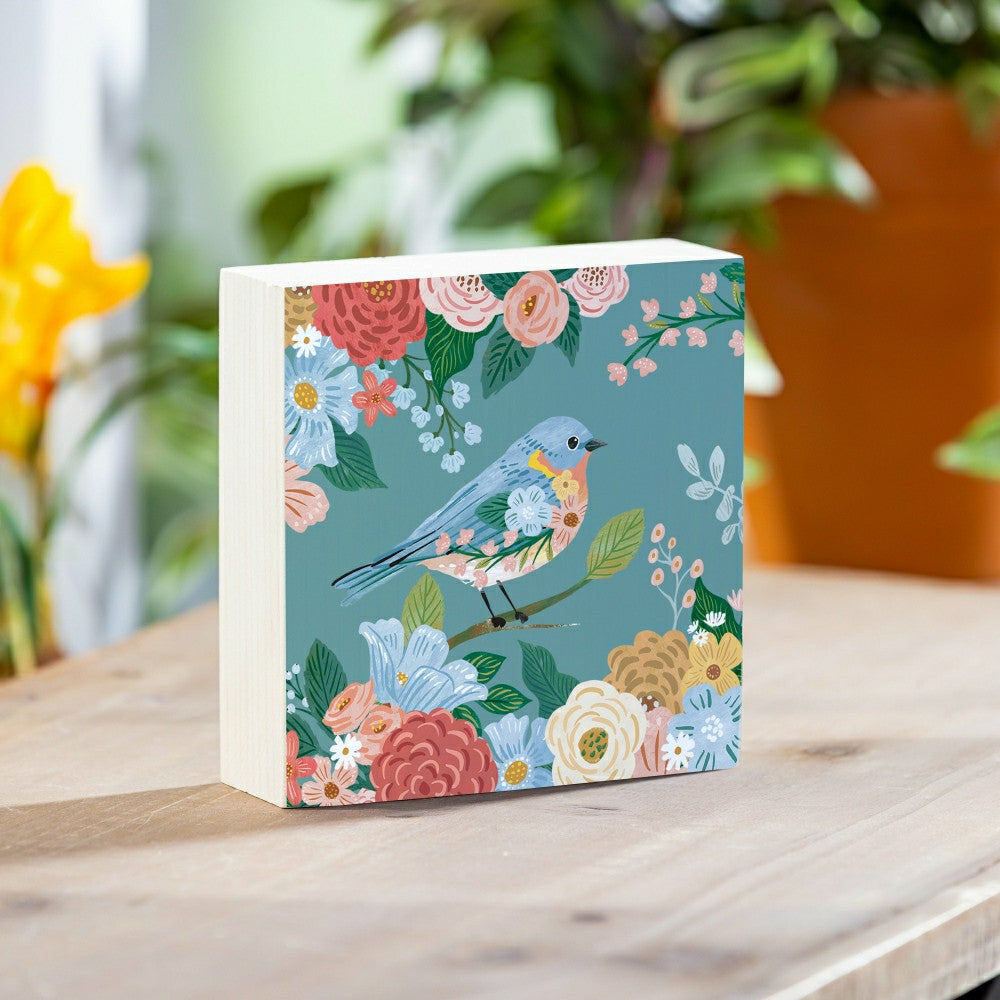 Plow & Hearth What She Shed Blue Bird Sign Wood Block, 6"x6"