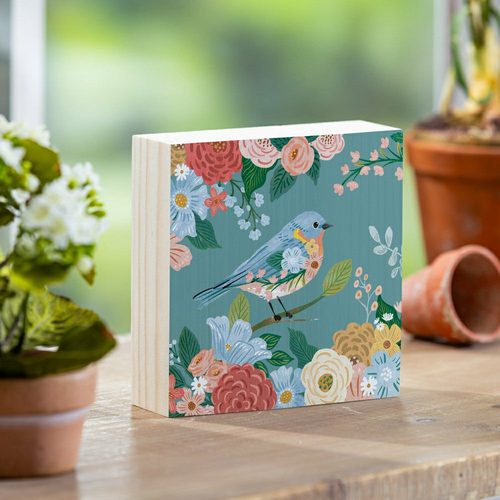 Plow & Hearth What She Shed Blue Bird Sign Wood Block, 6"x6"