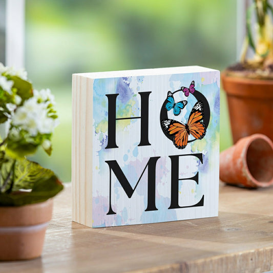 Plow & Hearth Pollinator Garden Sign Wood Block "Home" Butterfly, 6"x6"