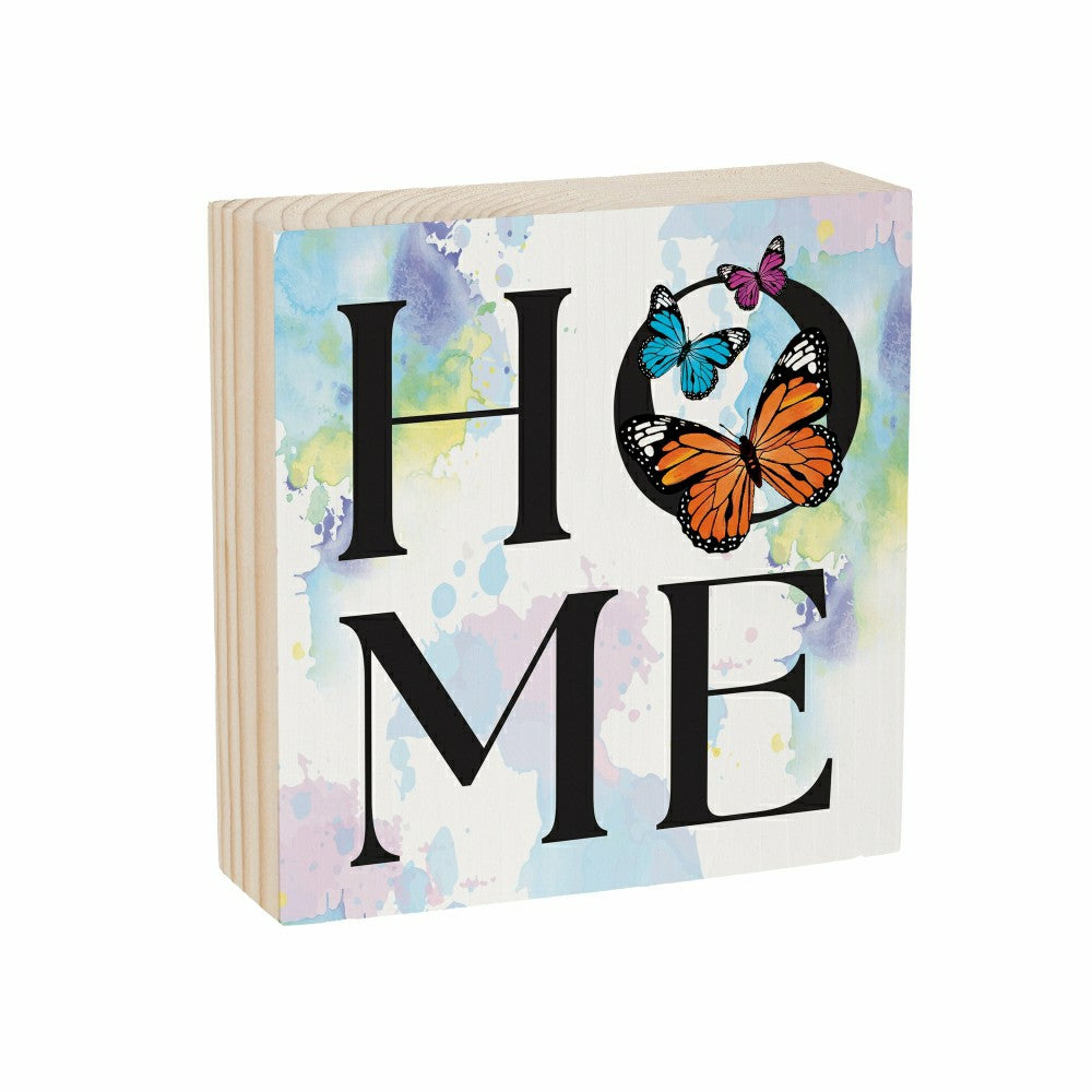 Plow & Hearth Pollinator Garden Sign Wood Block "Home" Butterfly, 6"x6"