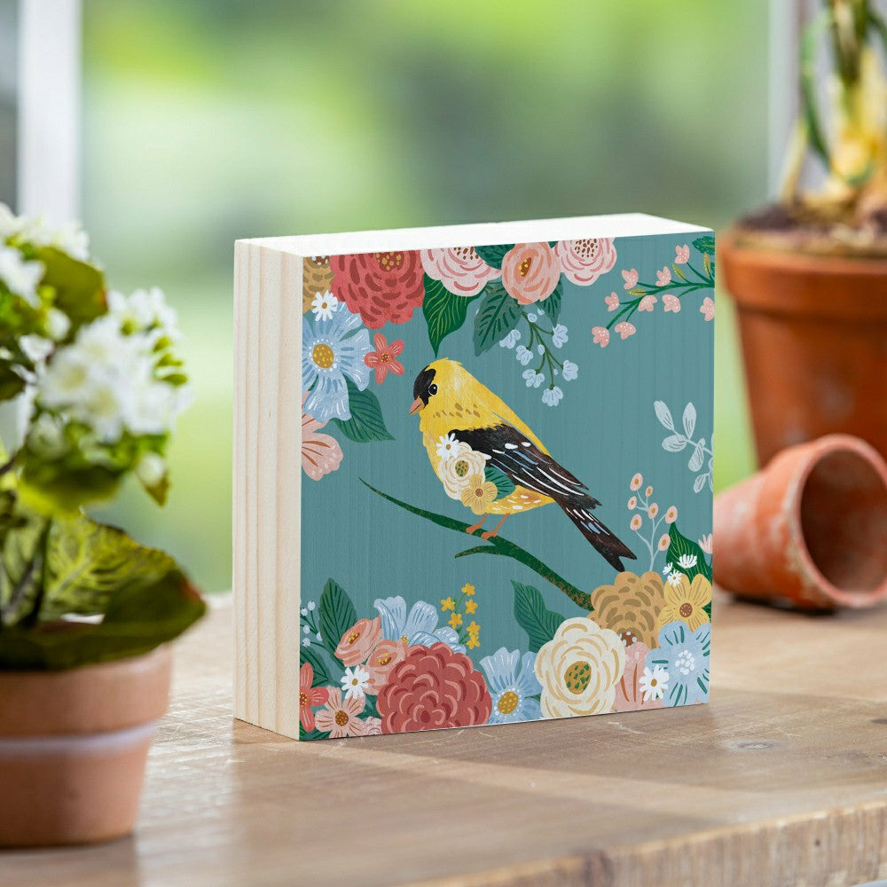 Plow & Hearth What She Shed Goldfinch with Floral Blooms Sign Wood Block, 6"x6"