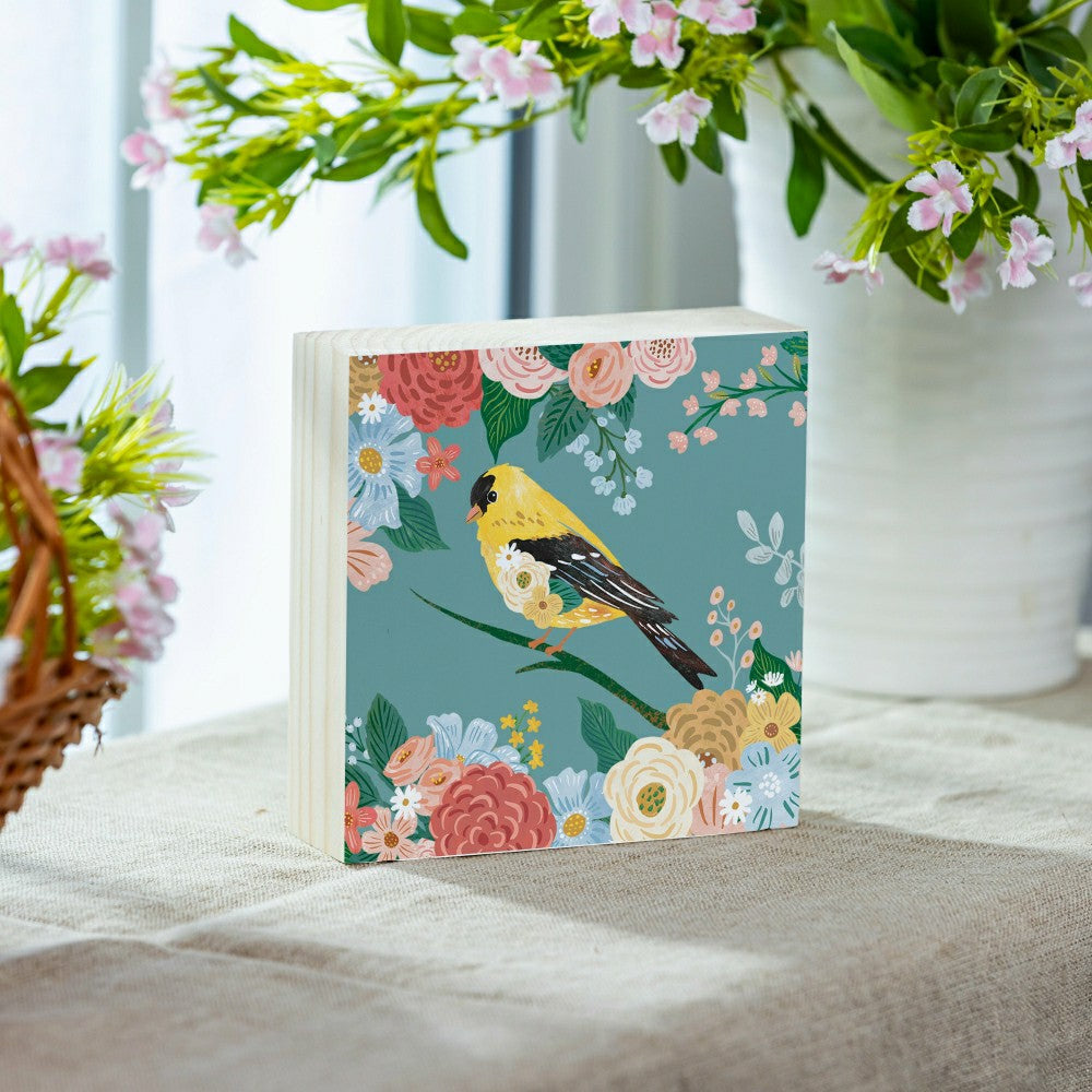 Plow & Hearth What She Shed Goldfinch with Floral Blooms Sign Wood Block, 6"x6"