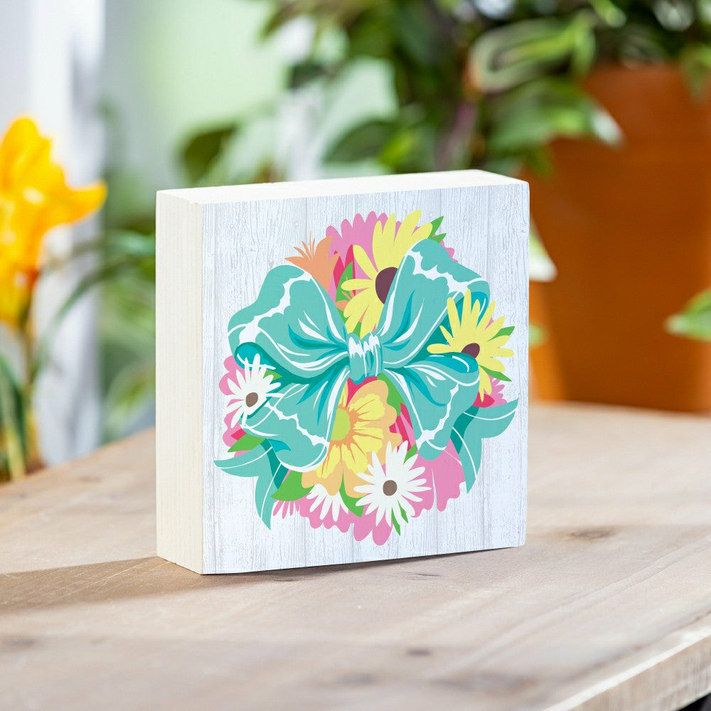Plow & Hearth Bunny Blooms Floral Bow Sign Wood Block, 6"x6"