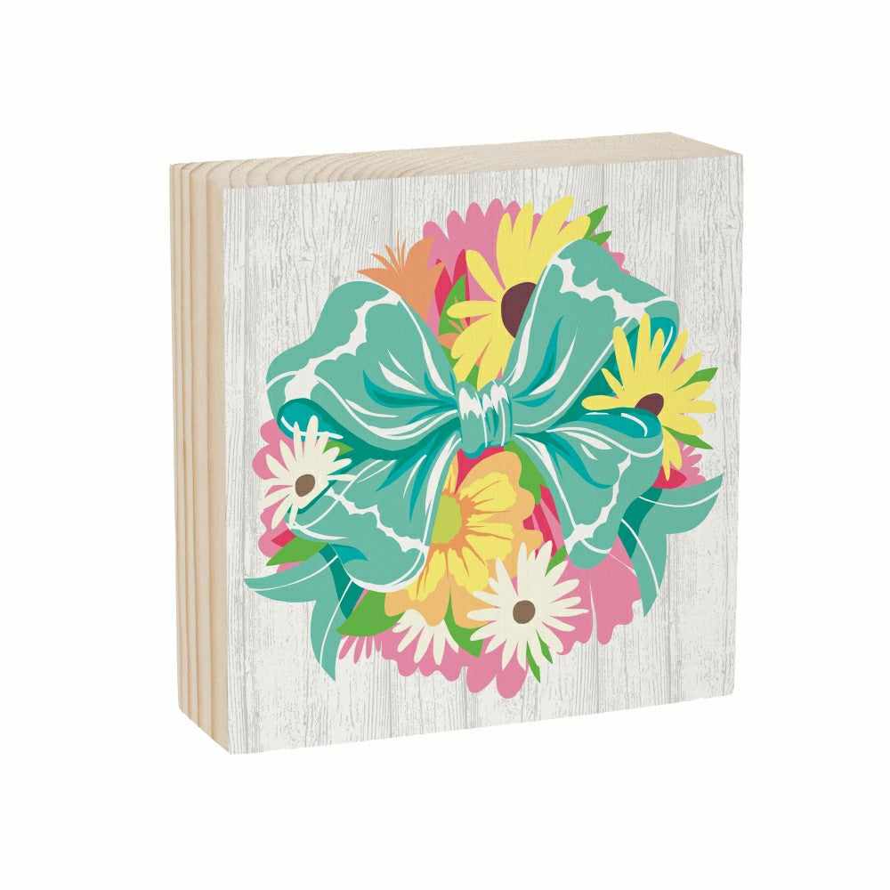 Plow & Hearth Bunny Blooms Floral Bow Sign Wood Block, 6"x6"