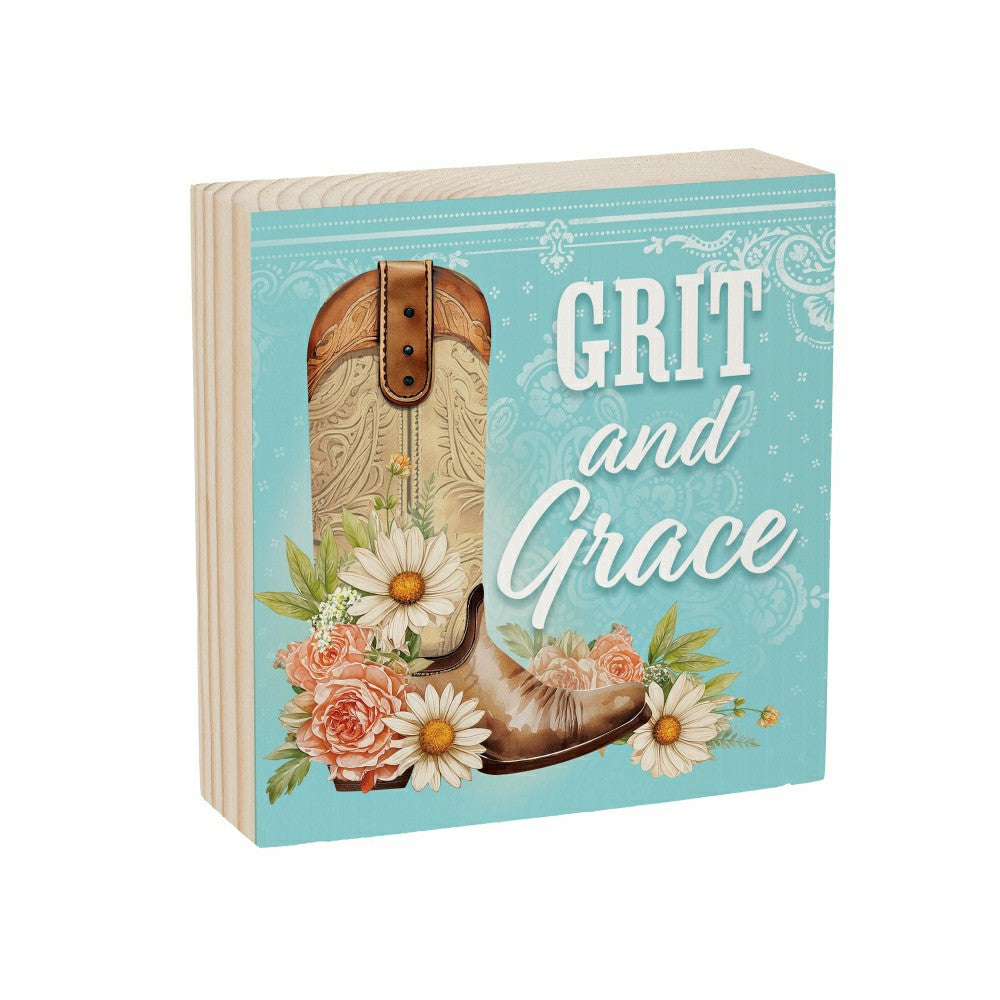 Plow & Hearth Petal & Plow Cowboy Boot Sign Wood Block "Grit and Grace", 6"x6"