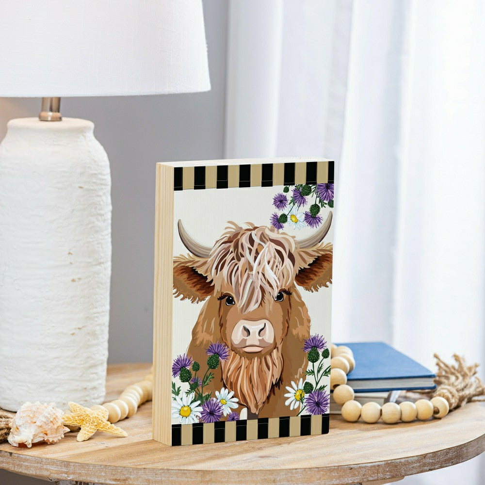 Plow & Hearth Petal & Plow Highland Cow Sign Wood Block, 8"L x 12"H