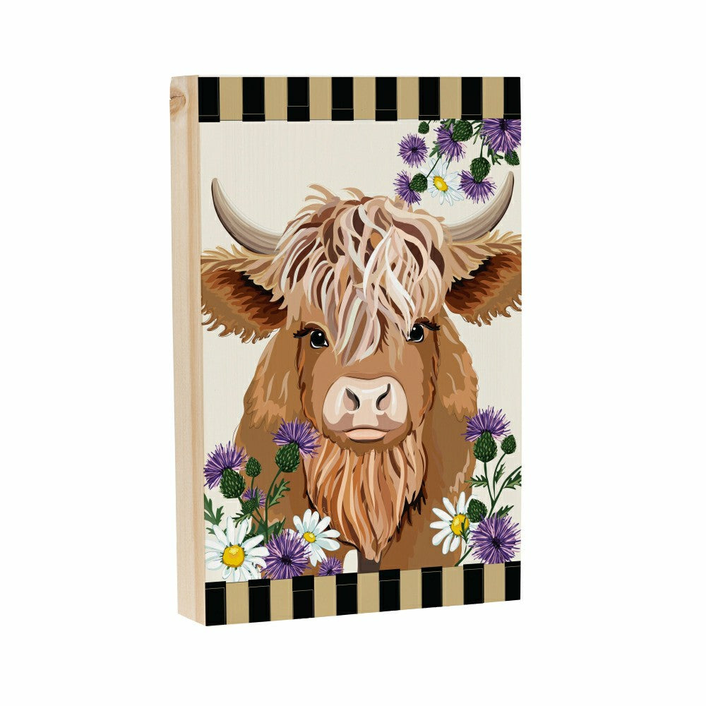 Plow & Hearth Petal & Plow Highland Cow Sign Wood Block, 8"L x 12"H