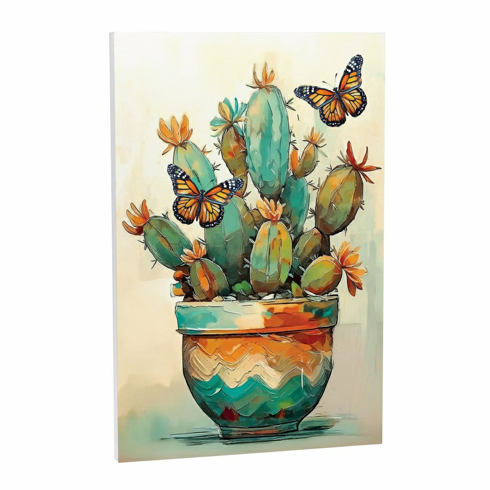 Plow & Hearth Southwest Pueblo Indoor Wall Décor, Wood, Painted Cactus and Butterfly