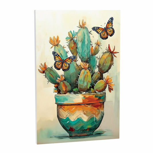 Plow & Hearth Southwest Pueblo Indoor Wall Décor, Wood, Painted Cactus and Butterfly