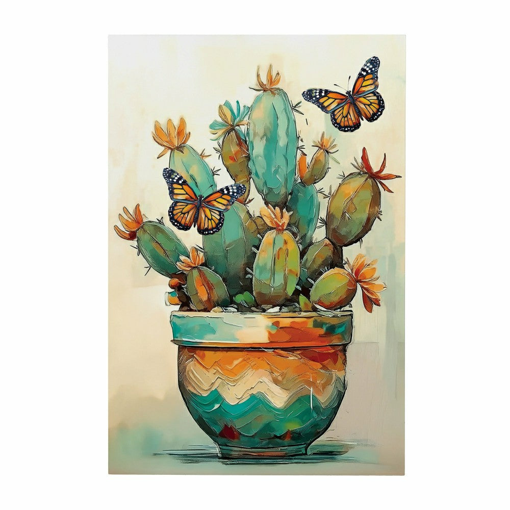 Plow & Hearth Southwest Pueblo Indoor Wall Décor, Wood, Painted Cactus and Butterfly