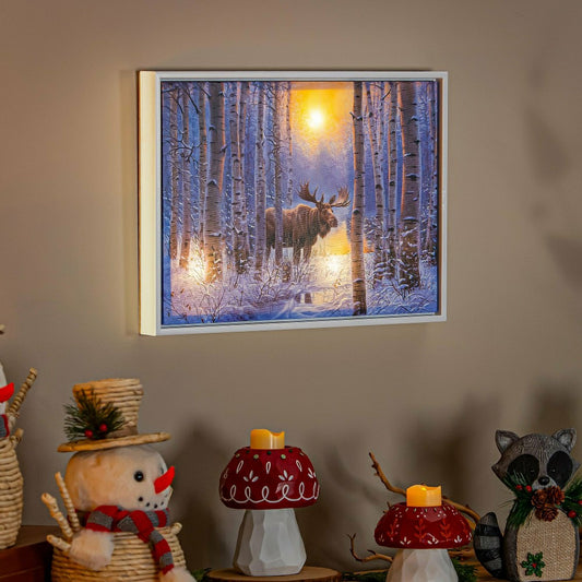 Plow & Hearth Woodland Storybook Indoor Wall Decor, LED Canvas with White Frame, Moo