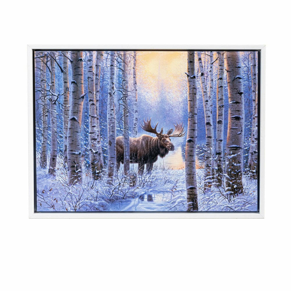Plow & Hearth Woodland Storybook Indoor Wall Decor, LED Canvas with White Frame, Moo