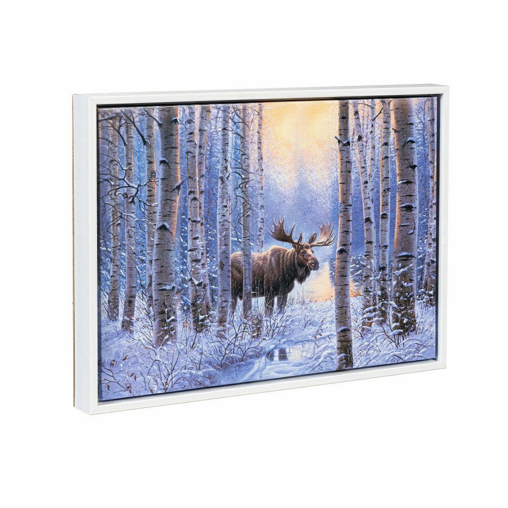 Plow & Hearth Woodland Storybook Indoor Wall Decor, LED Canvas with White Frame, Moo