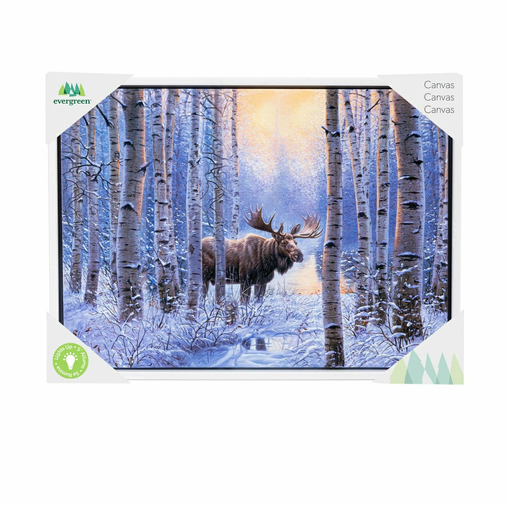 Plow & Hearth Woodland Storybook Indoor Wall Decor, LED Canvas with White Frame, Moo