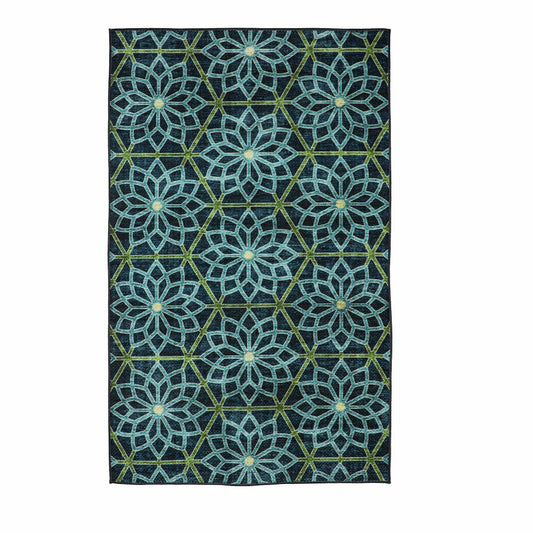 Plow & Hearth Indoor/Outdoor Machine Washable Blue Kaleidoscope Printed Rug, 3' x 5'